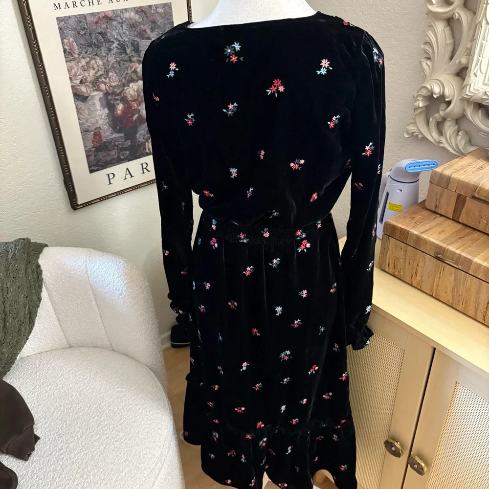SEZANE Velvet Titiane Dress Midi Floral Embroidered In Noir Broderie Size 34 NWT